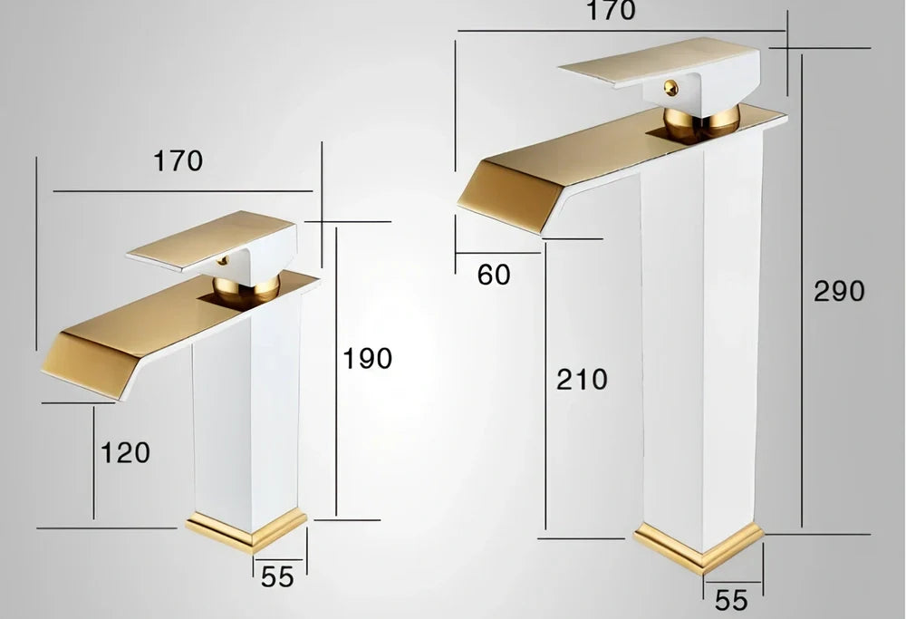 All-copper brass basin faucet in white and gold with induction sensor and waterfall spout, 25cm tall variant