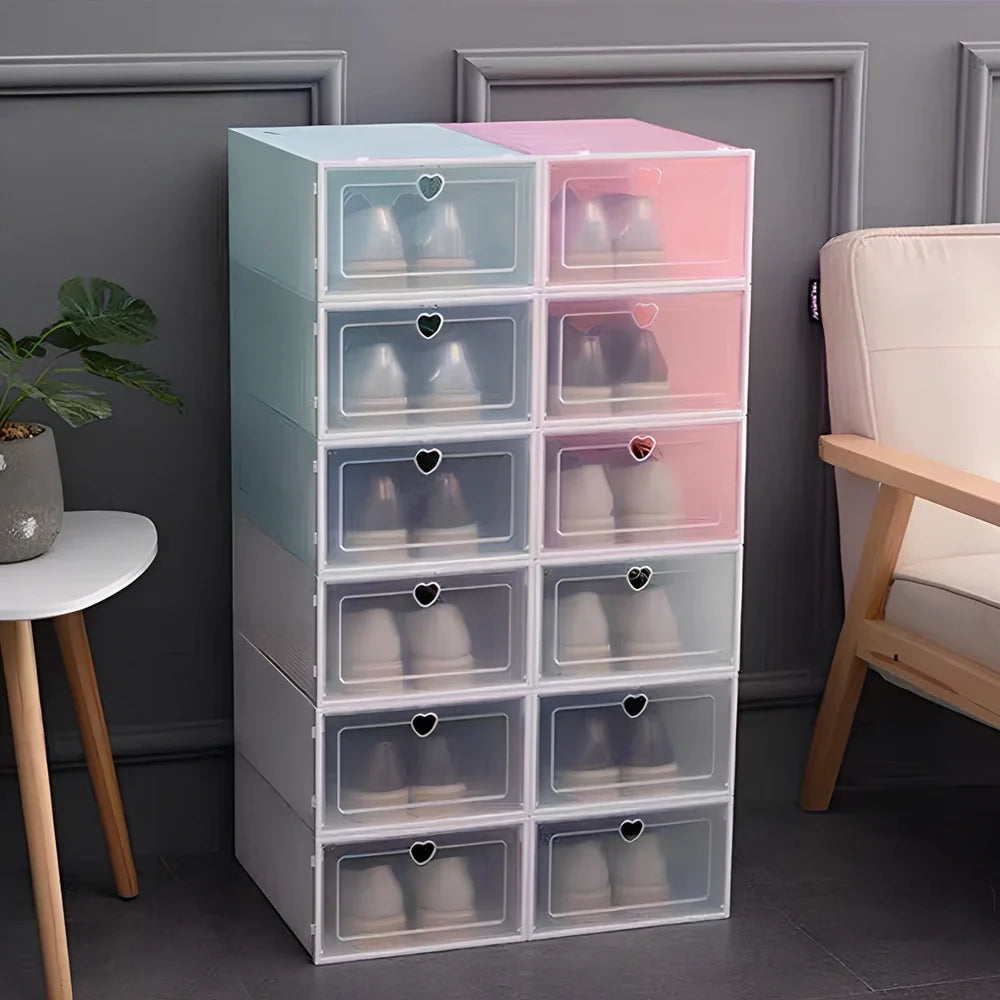 Transparent plastic shoe box showing stackable design and clear construction