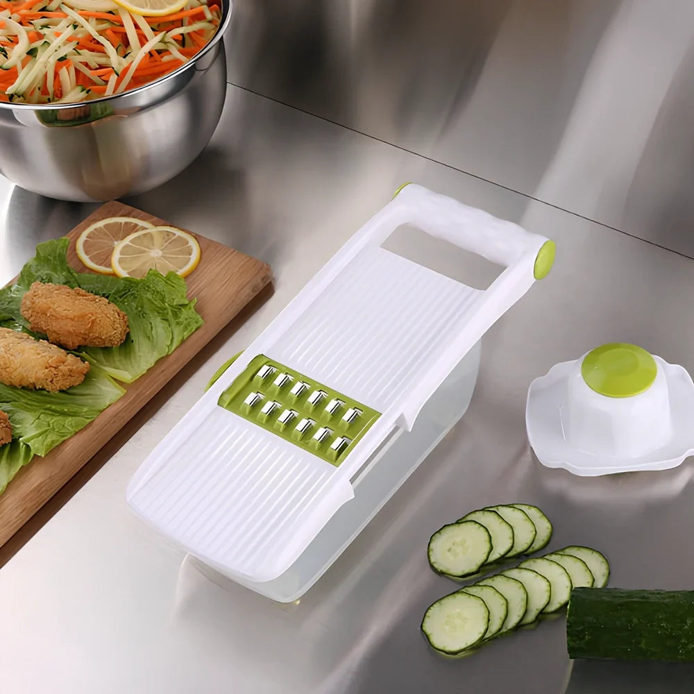 Brown multi-function vegetable chopper with stainless steel blades and safety protector, 28 cm long for slicing onions