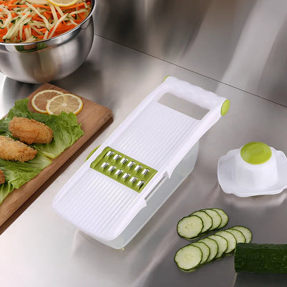 Brown multi-function vegetable chopper with stainless steel blades and safety protector, 28 cm long for slicing onions