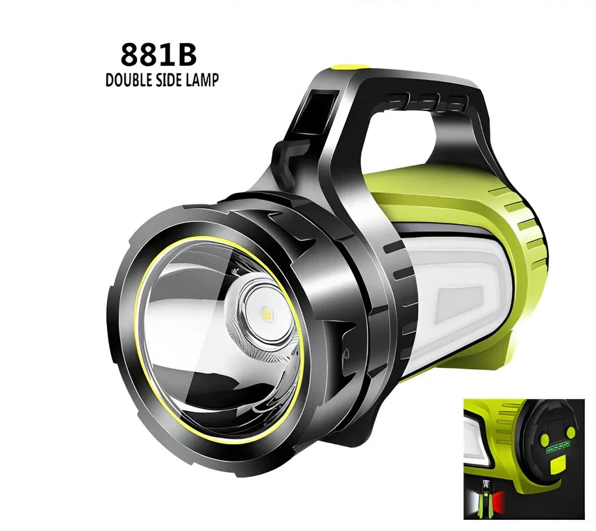 Portable LED flashlight with adjustable strap showing 6000 lumens brightness and 800m range specifications