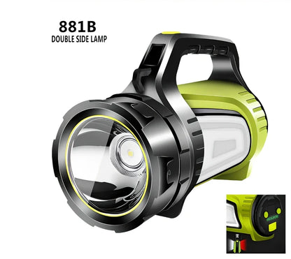 Portable LED flashlight with adjustable strap showing 6000 lumens brightness and 800m range specifications