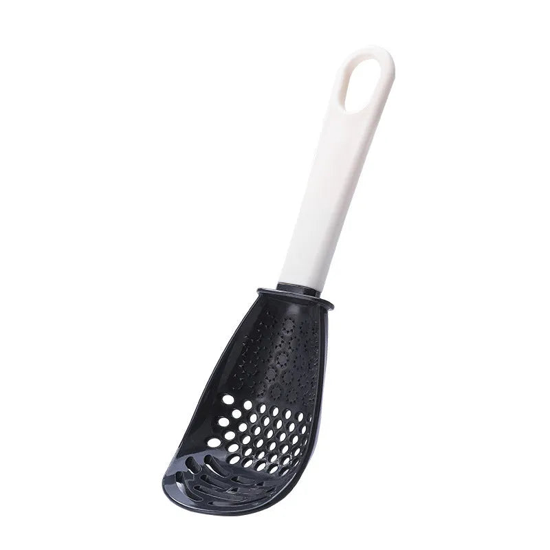 Red plastic multifunctional cooking spoon with serrated edge for grinding and half-enclosed scoop design