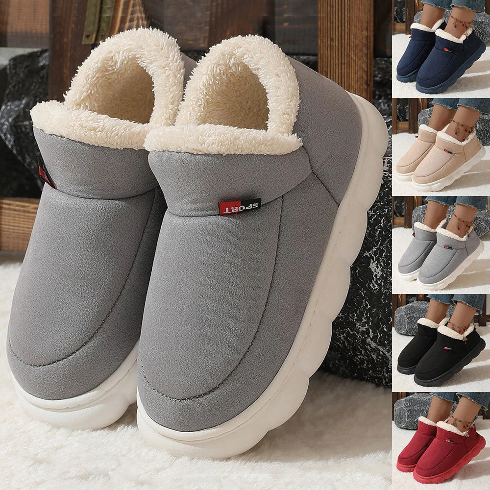 Cozy plush house slippers with soft velvet upper, warm suede lining, and thick rubber soles for indoor and light outdoor wear
