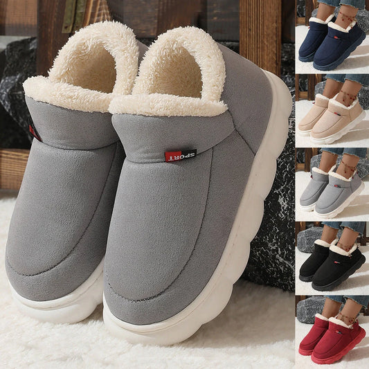 Cozy plush house slippers with soft velvet upper, warm suede lining, and thick rubber soles for indoor and light outdoor wear