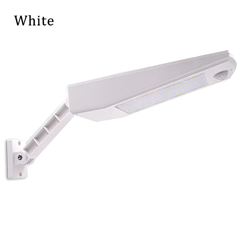 Adjustable solar light with motion sensor showing black or white finish options