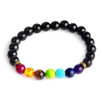 Handcrafted black lava beaded bracelet with seven chakra stones for healing and balance