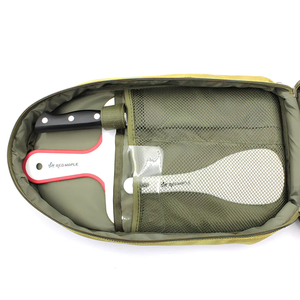 8-piece camp kitchen cooking utensil set with stainless steel tools in Oxford fabric storage bag