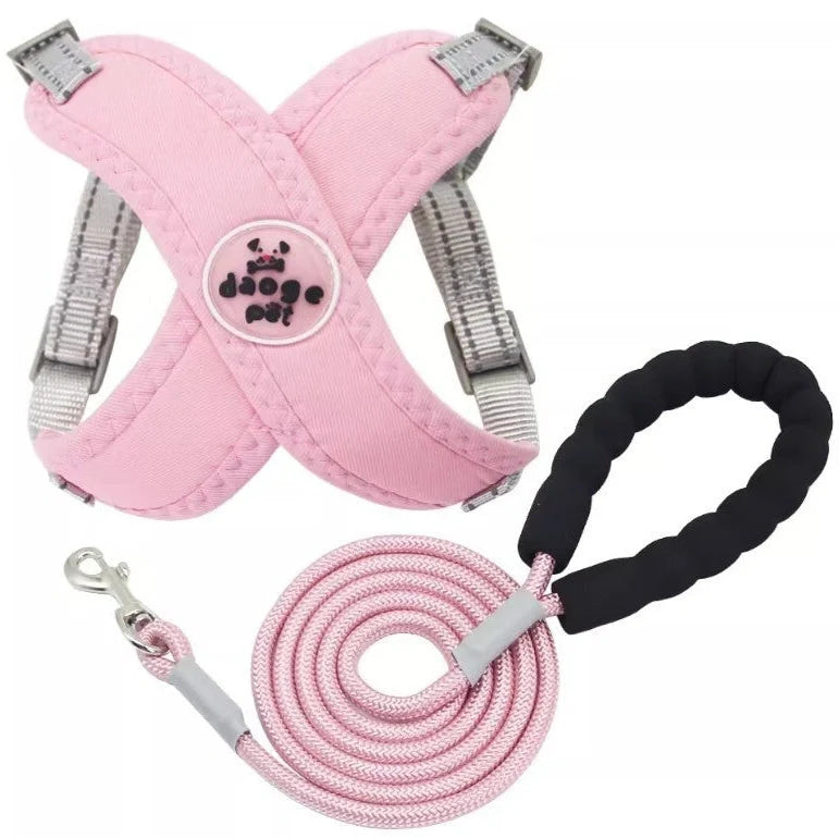 Adjustable pet vest with hand holding rope in blue, green, pink, or yellow colours