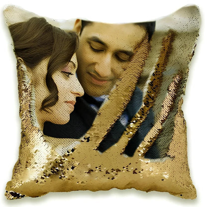 Custom photo sequin cushion cover with 40cm dimensions showing gold and silver luminous design options