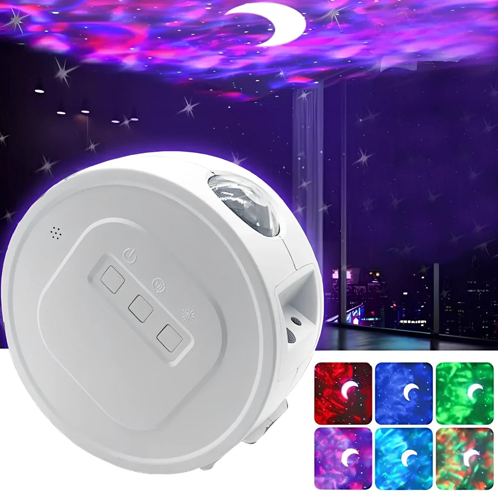 USB star projection light with voice control showing rotating mechanism and star pattern projection