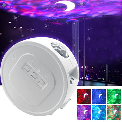USB star projection light with voice control showing rotating mechanism and star pattern projection