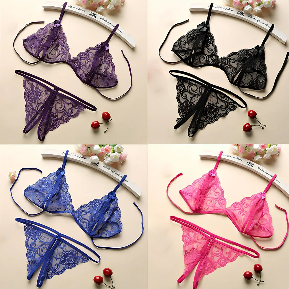 Three-point lingerie set in modal mesh fabric showing black, pink, red, rose red, and white colour options with weight-based sizing