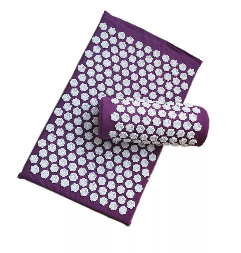 Acupuncture yoga cushion and pillow set with 210 pins for muscle relief, available in multiple colors.