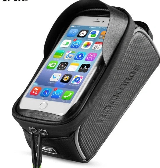 Waterproof front beam bicycle bag with touch screen compatibility for mountain bikes