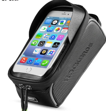 Waterproof front beam bicycle bag with touch screen compatibility for mountain bikes
