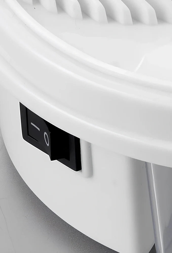 USB electric fly trap in white with blue accents, showing five bait grooves and rotating capture plate for insect control