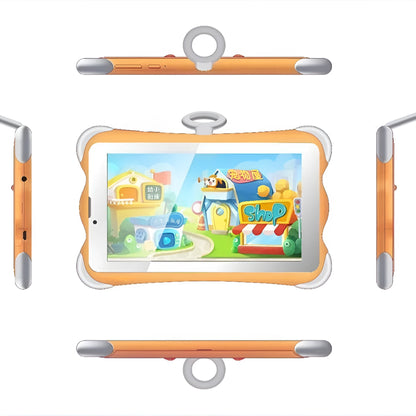 A 7-inch children's learning tablet in a cartoon colour, shown with its stand, charger, and cable.