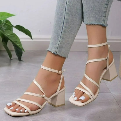 Plus size women's square toe slippers with an ankle buckle in rose red, black, and beige colour options.