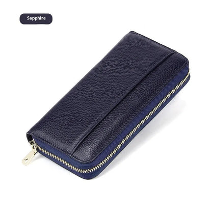 Long genuine leather women's wallet in solid colours with 12 card slots and anti-theft design