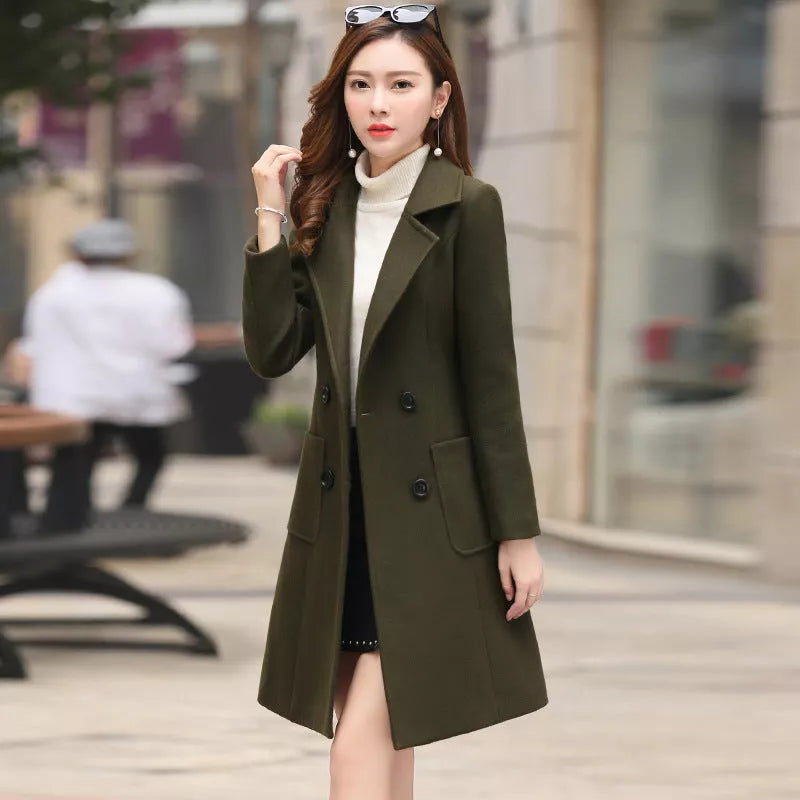 Vintage knee-length tweed coat in various colors with double-breasted front
