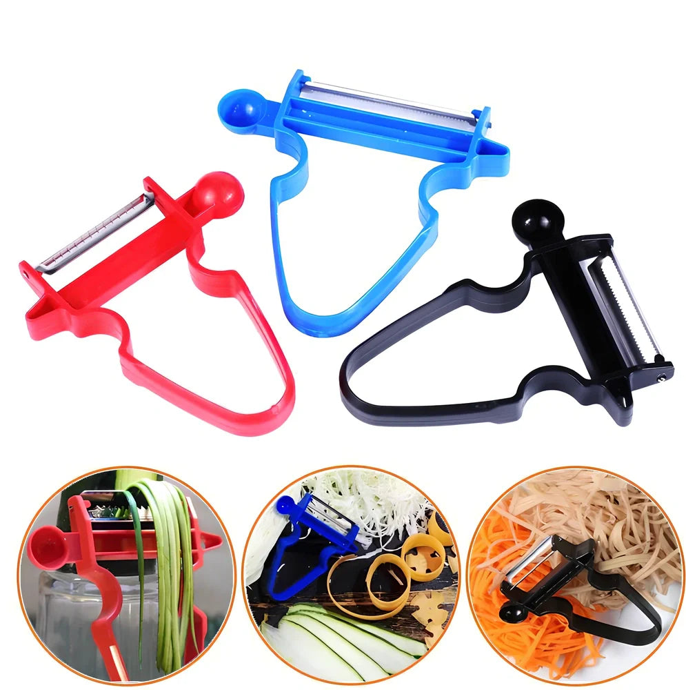 Stainless steel vegetable peeler set with black, blue, red handles and dual swivel blades