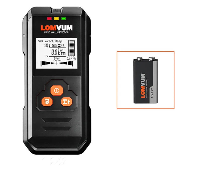 Handheld multifunctional wall detector for finding metal, wires, and wooden studs behind walls.