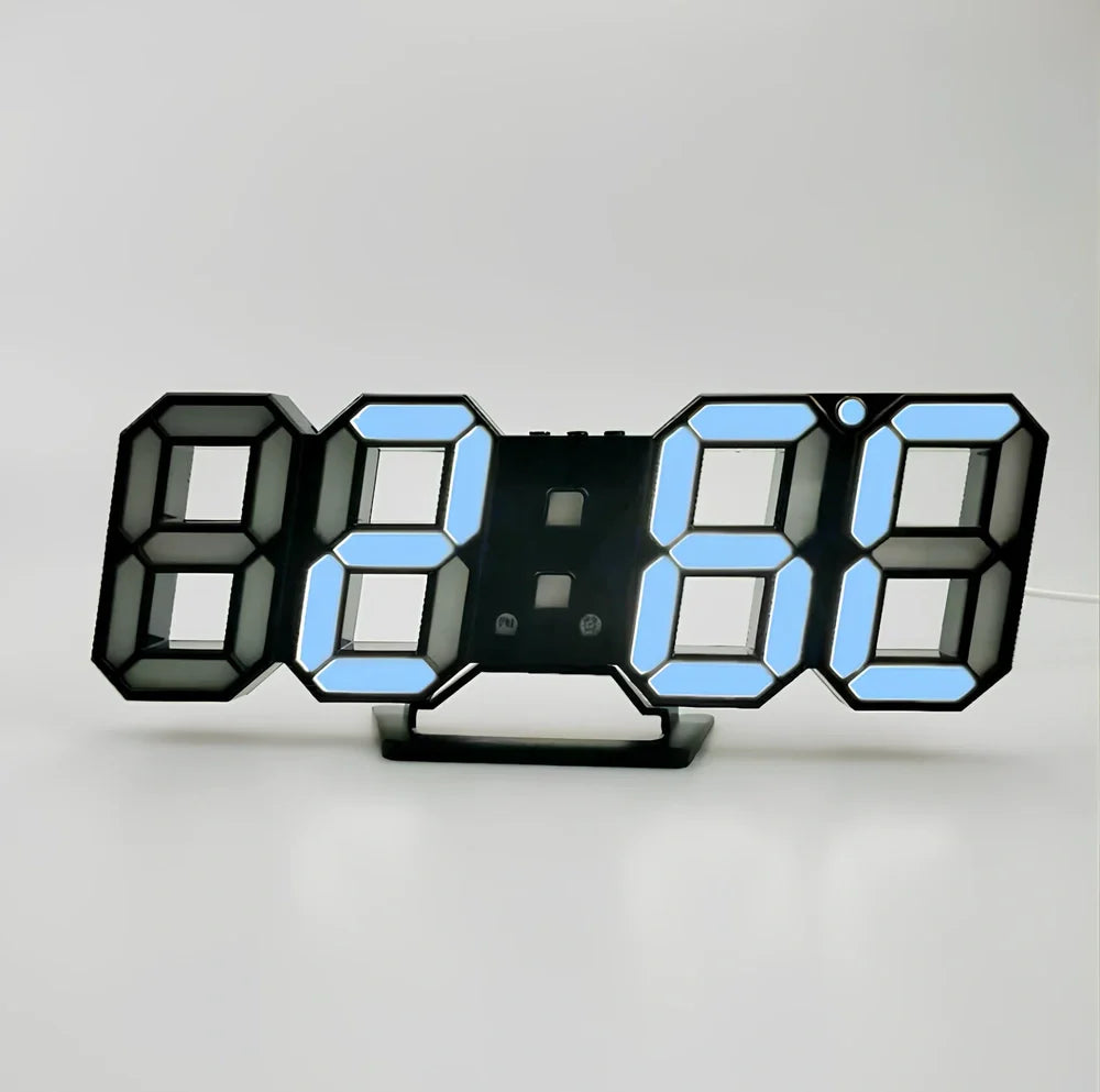 3D LED digital clock showing time and temperature display with adjustable brightness settings