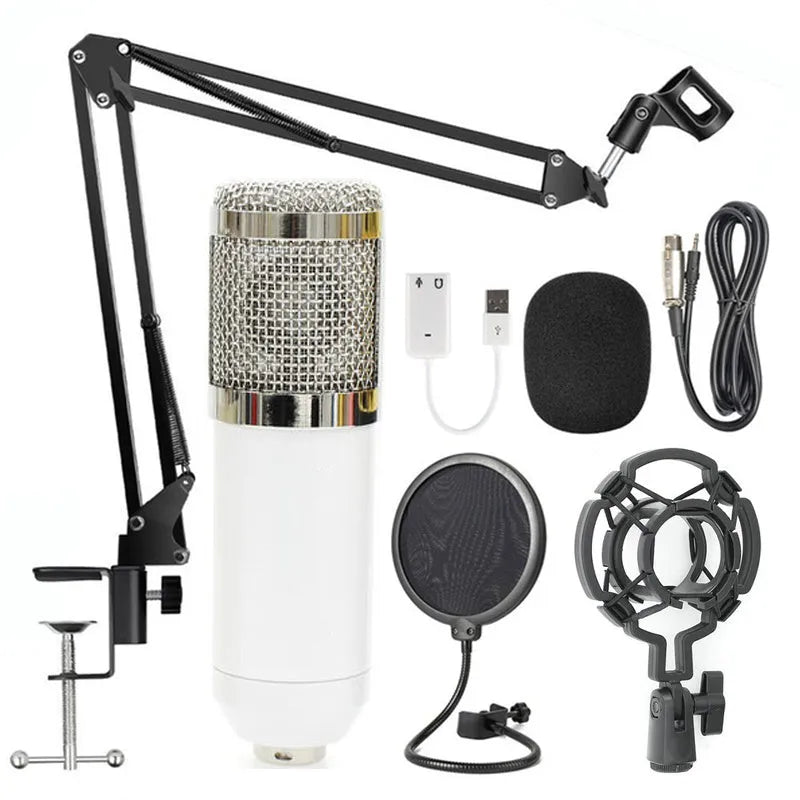 BM-800 condenser microphone stand set with professional recording microphone on desktop