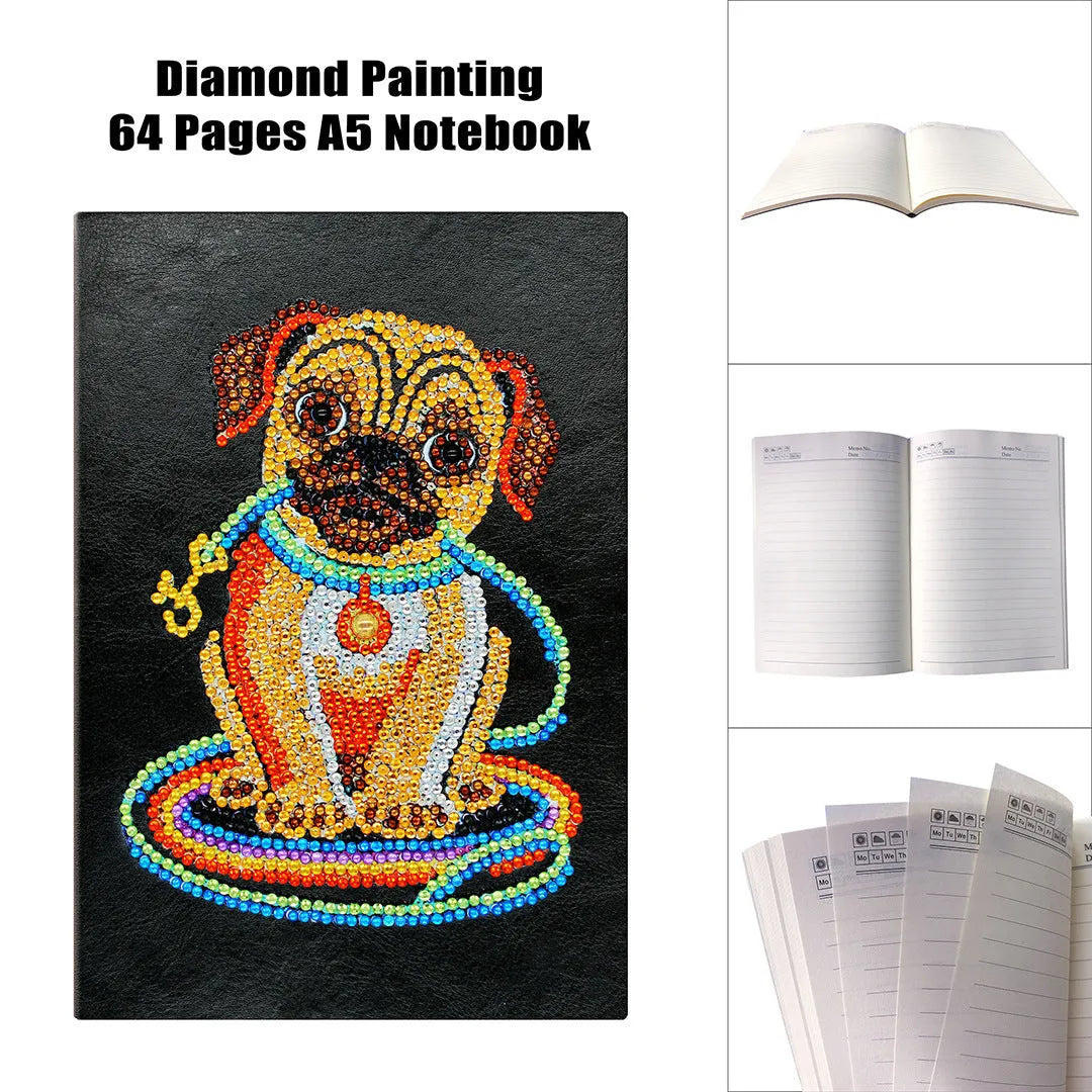 Black A5 diamond painting notebook showing dimensions of 142x207x8mm with 50 pages for creative projects