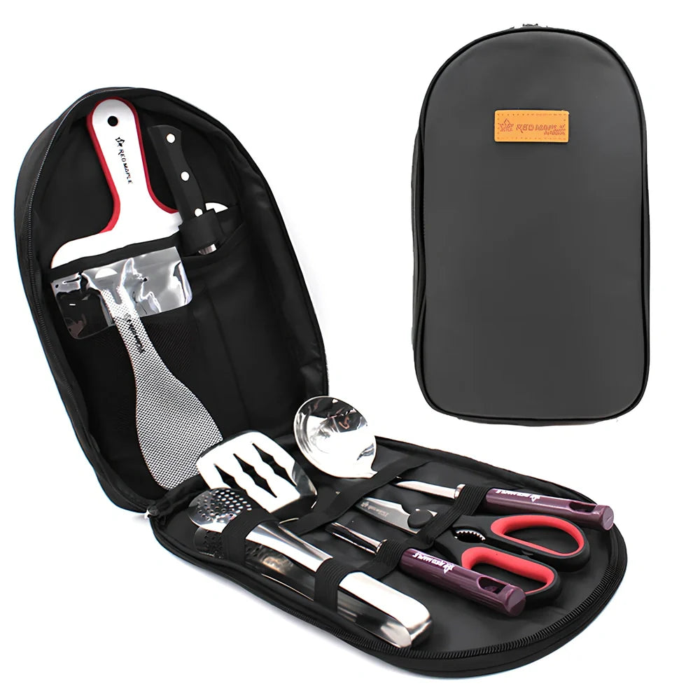 8-piece camp kitchen cooking utensil set with stainless steel tools in Oxford fabric storage bag