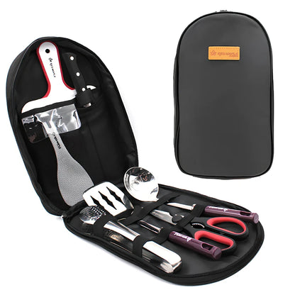 8-piece camp kitchen cooking utensil set with stainless steel tools in Oxford fabric storage bag