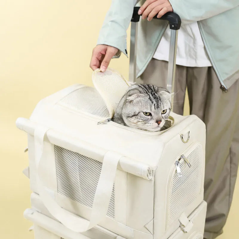 Double-deck pet trolley bag in nylon with 18L capacity for cats and small pets, shown in brown, green, white, or yellow