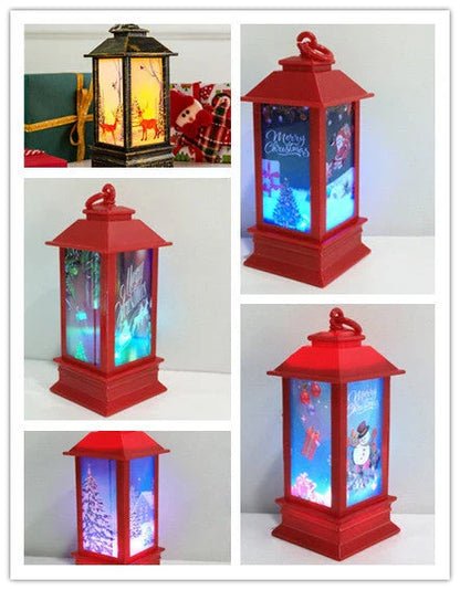 Festive LED Christmas lanterns with Santa Claus, snowman, and other holiday-themed designs