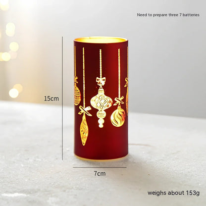 Glass Christmas desktop decoration showing tree, cone, and cup designs in various colours