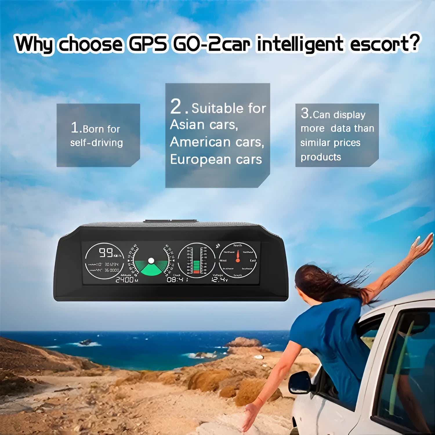GPS GO 2 car heads-up display monitor showing speed, angle gradient, compass and altitude data on colour LCD screen