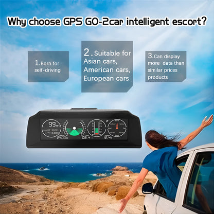 GPS GO 2 car heads-up display monitor showing speed, angle gradient, compass and altitude data on colour LCD screen