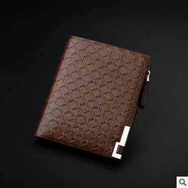 Men's short business wallet in PU leather with embossed plaid pattern, 12 x 9.5cm, black or coffee