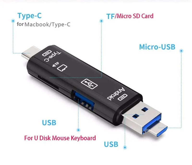 Type-C Micro USB to OTG Hub Adapter with TF Card Reader for File Transfer and Mobile Connectivity, Compatible with MacBook, Phone, and Tablet