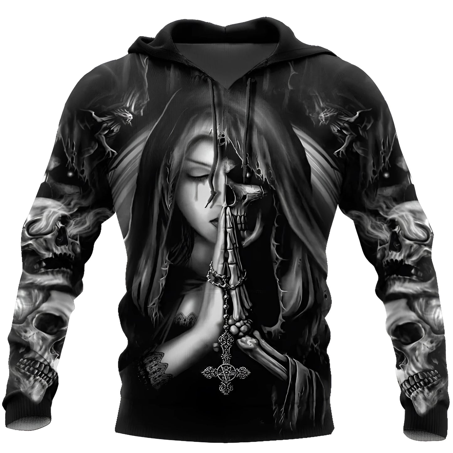 A grey hooded sweatshirt featuring a large 3D printed graphic of an anime-style skull, with the hood up.