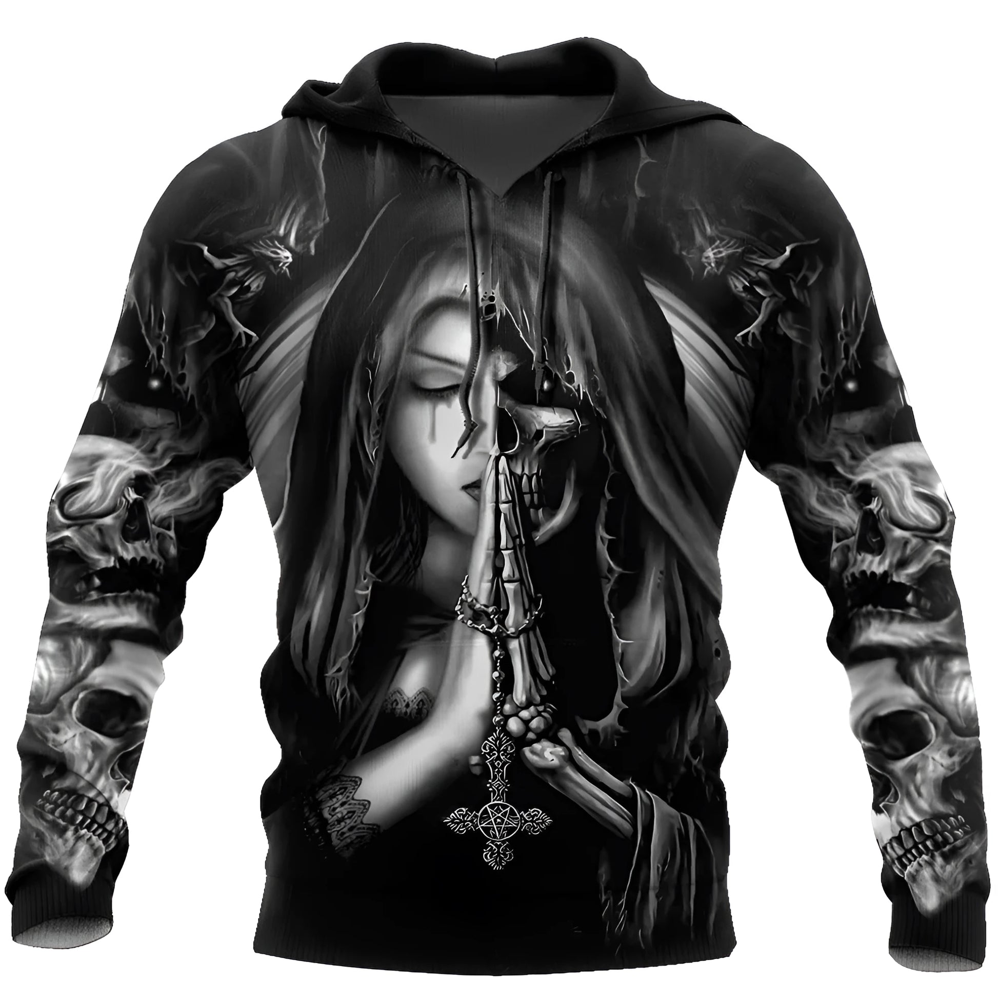A grey hooded sweatshirt featuring a large 3D printed graphic of an anime-style skull, with the hood up.