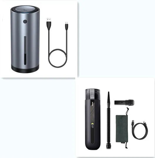 BASEUS handheld car vacuum cleaner in black with blowing hose attachment, showing compact size and dust bin