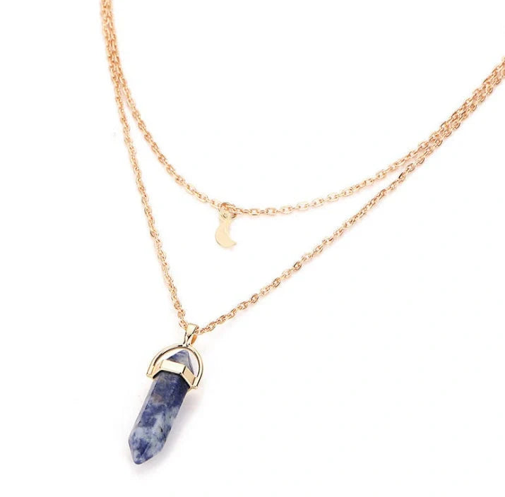 Stylish double moon natural stone pendant necklace with adjustable chain, available in multiple colors.