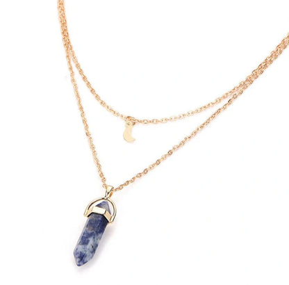 Stylish double moon natural stone pendant necklace with adjustable chain, available in multiple colors.