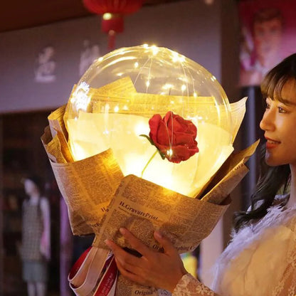 Transparent LED luminous balloon rose bouquet with artificial flowers and illuminated lights