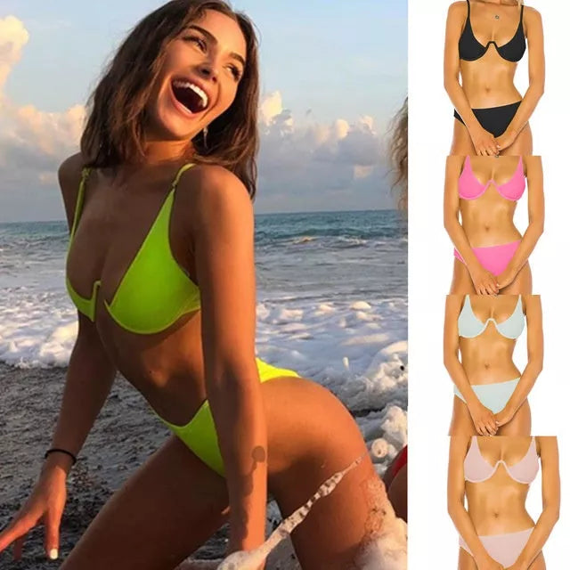 Women's bikini swimsuit in polyester fiber, available in multiple colors and sizes