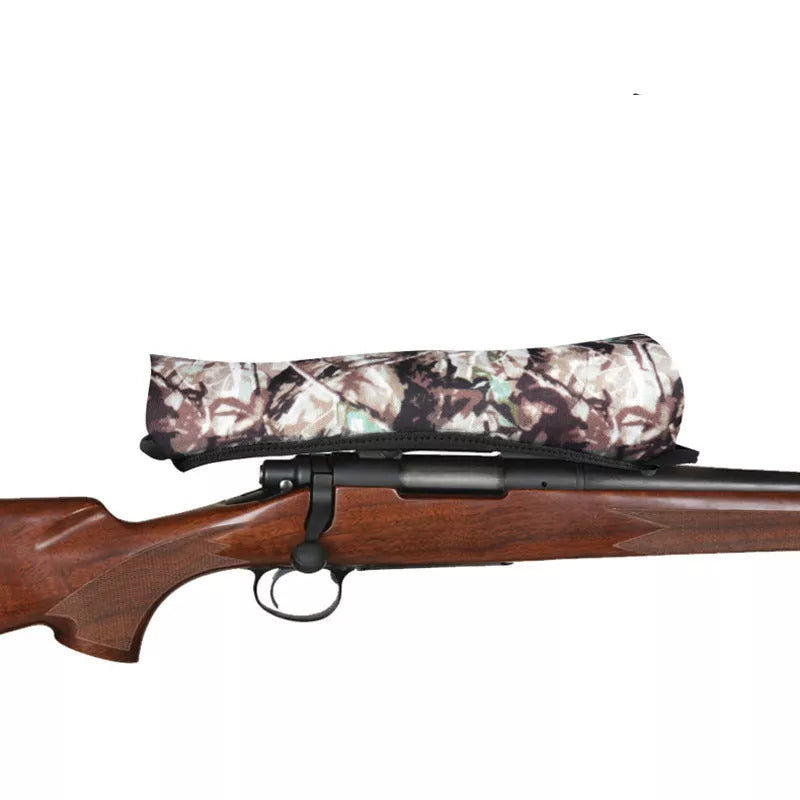 Reversible neoprene scope cover for tactical and outdoor use in black and camouflage print