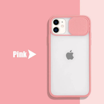 Slim silicone iPhone case with a frosted frame around the camera lens, shown in a choice of solid colours.