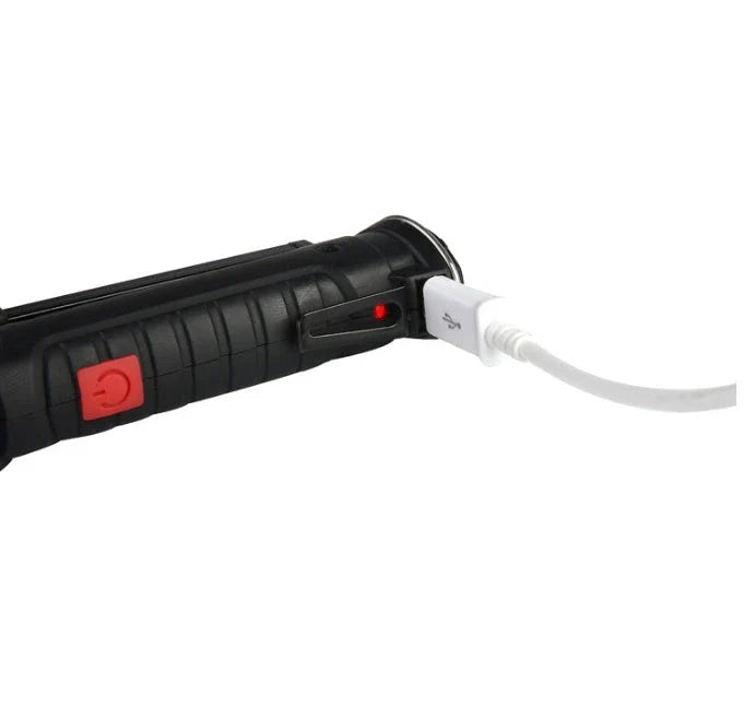 Powerful COB LED Tactical Flashlight with carbon-fiber-infused body, magnetic base, and multiple lighting modes