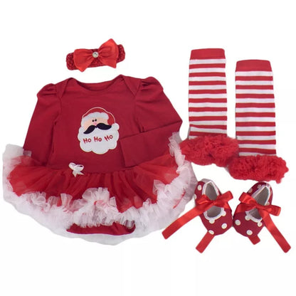 Four-piece Christmas newborn clothing set in natural cotton, including romper, headband, sock, and shoes